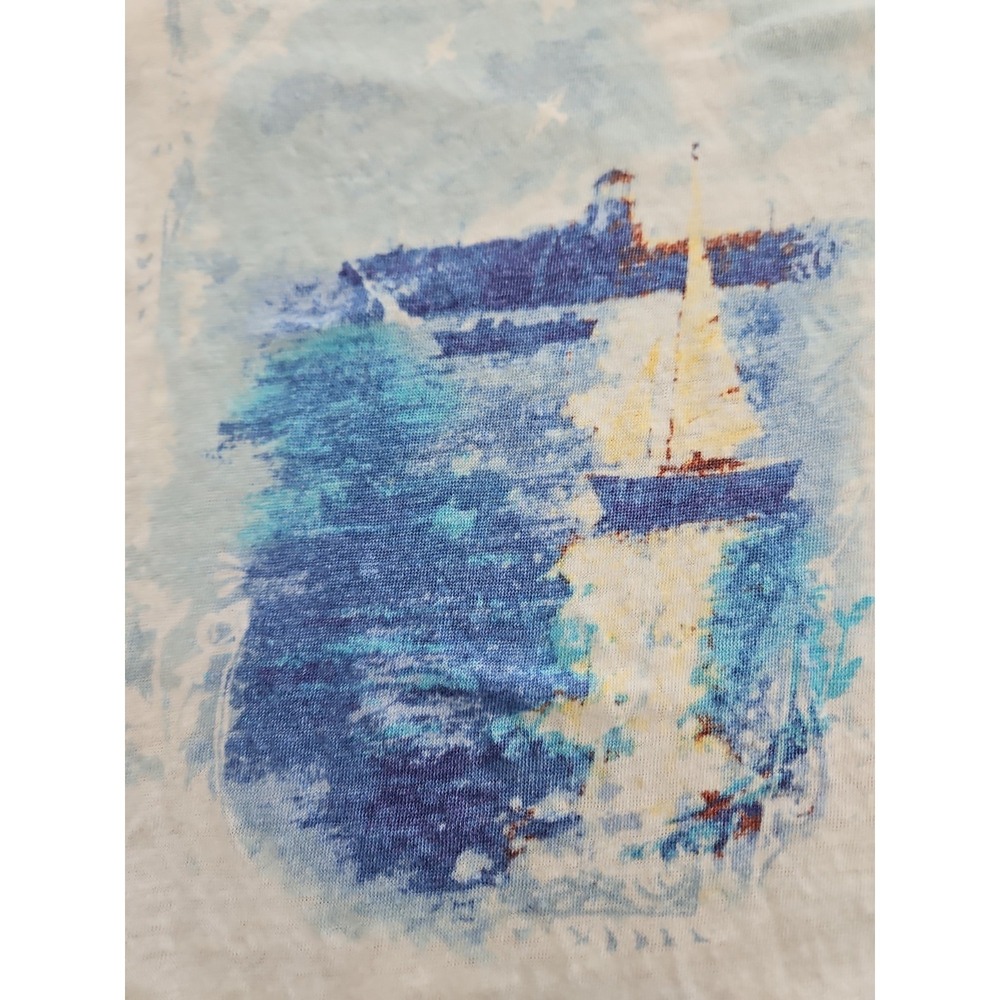 J.Jill Love Linen Top 3X White Blue Knit Sailboat Lighthouse Nautical Coastal